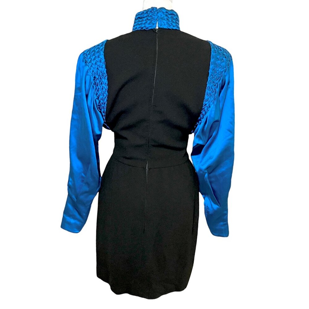 Galanos Vintage Blue and Black Long Puff Sleeve Turtleneck Party Dress Size XS - Picture 3 of 13